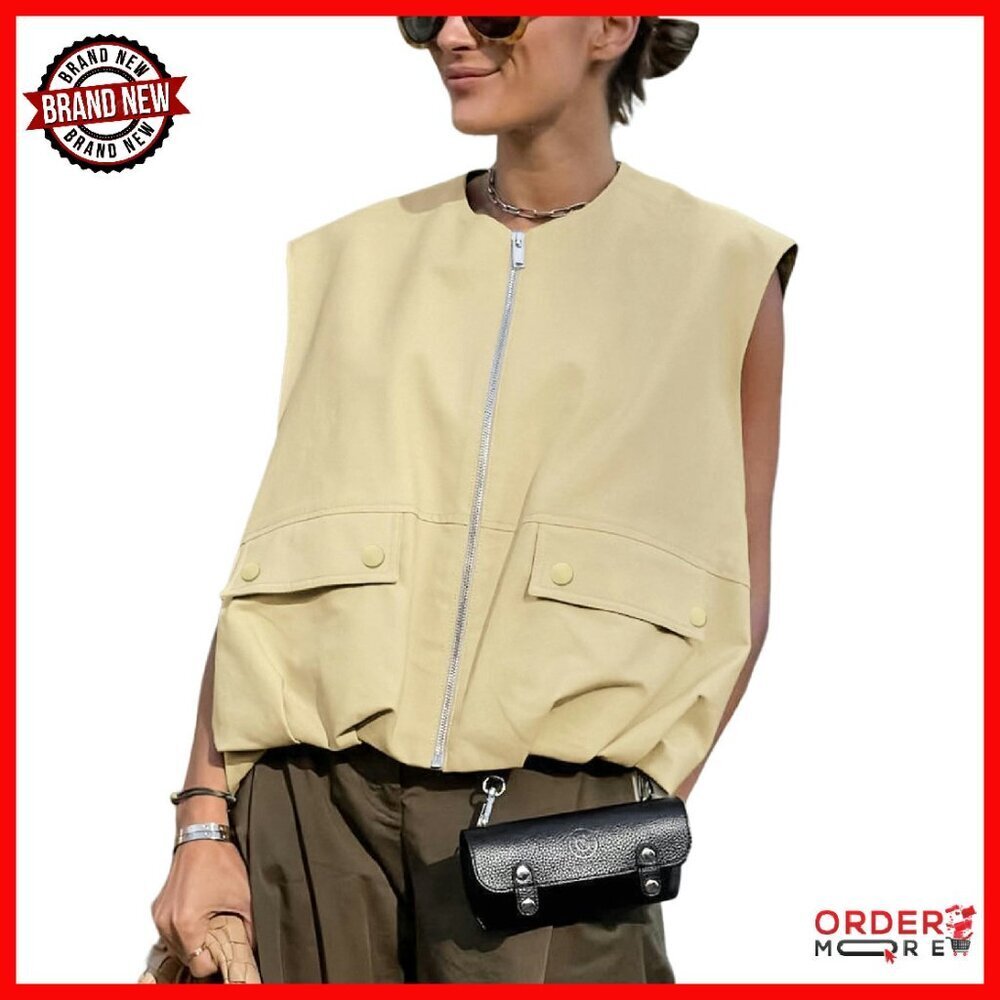 Oversized Zip-Up Cargo Vest with Ruched Hem & Pockets